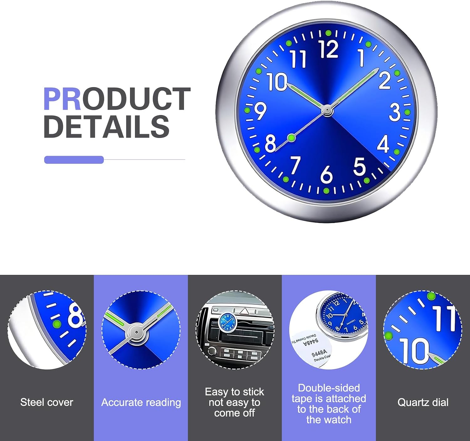 2 PCS Luminous Car Clock for Dashboard, Small Stick on Clock for Vent, Vent Mini Cars Watch Accessories, Suitable for Home Boat Truck SUV Car (Black & Blue)