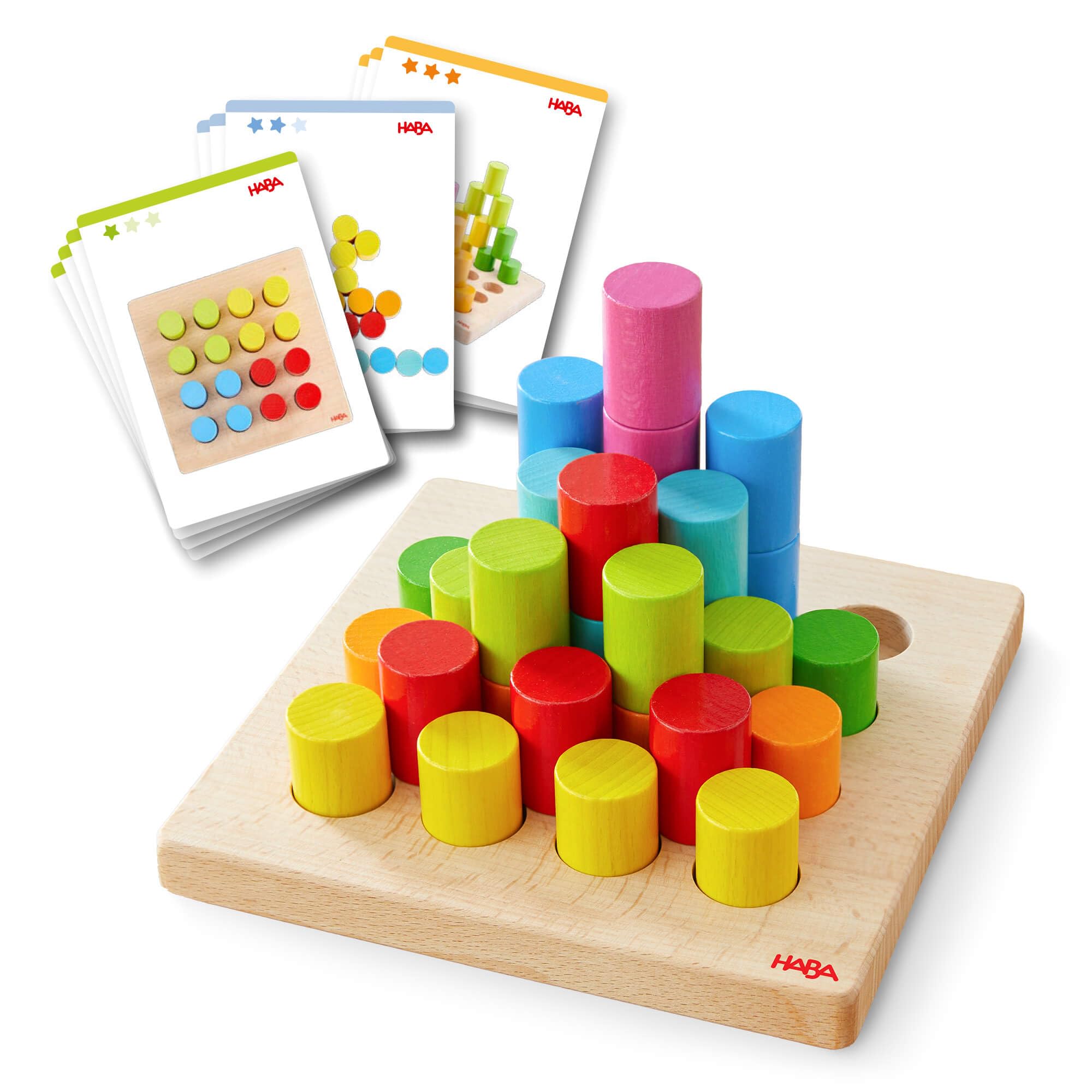 HABA Cylinder Plug-In Game - Motor Skills Game from 2 Years with 30 Colourful Wooden Building Blocks & 10 Template Cards - Educational Toy for Toddlers - 2012246001