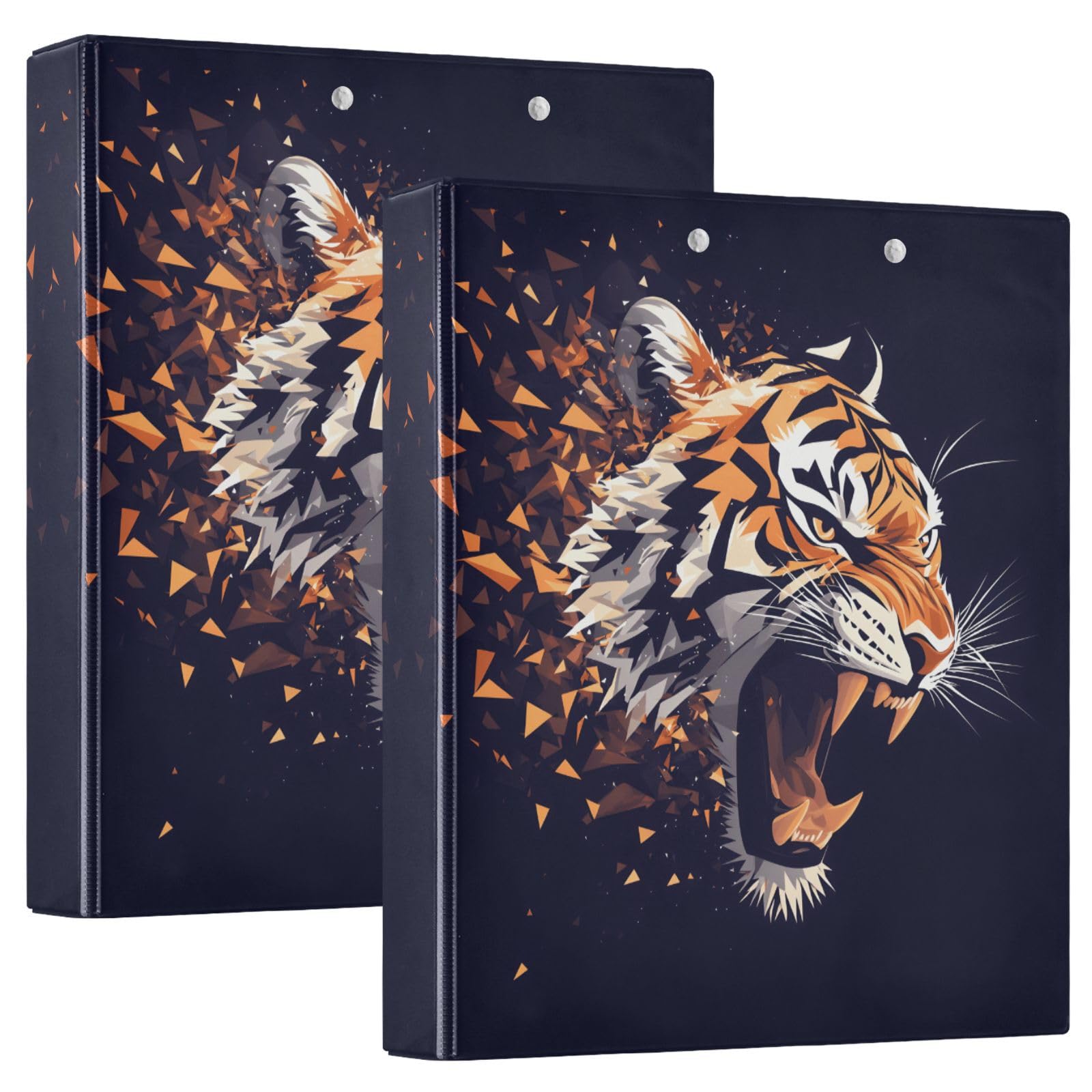 Confezione da 2 raccoglitori a 3 anelli, motivo Angry Tiger Animal, 3,8 cm, con 3 tasche trasparenti, portablocco e contiene 200 fogli, per ufficio, scuola, organizzazione domestica