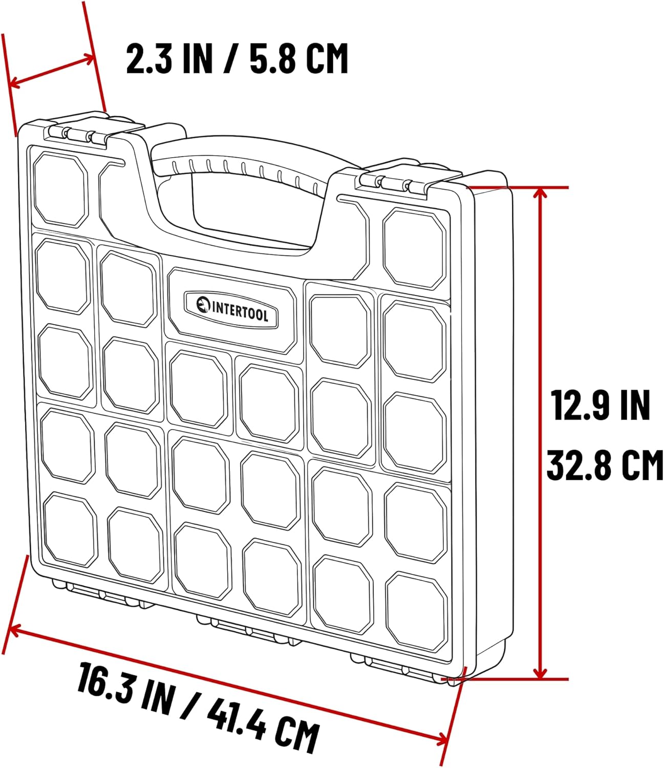 INTERTOOL Hardware Organizer with 24 Removable Bins - Small Parts Storage Tool Box for Nuts, Bolts, Screws, Nails - Portable Handle Transparent Lid with Locks BX08-4033