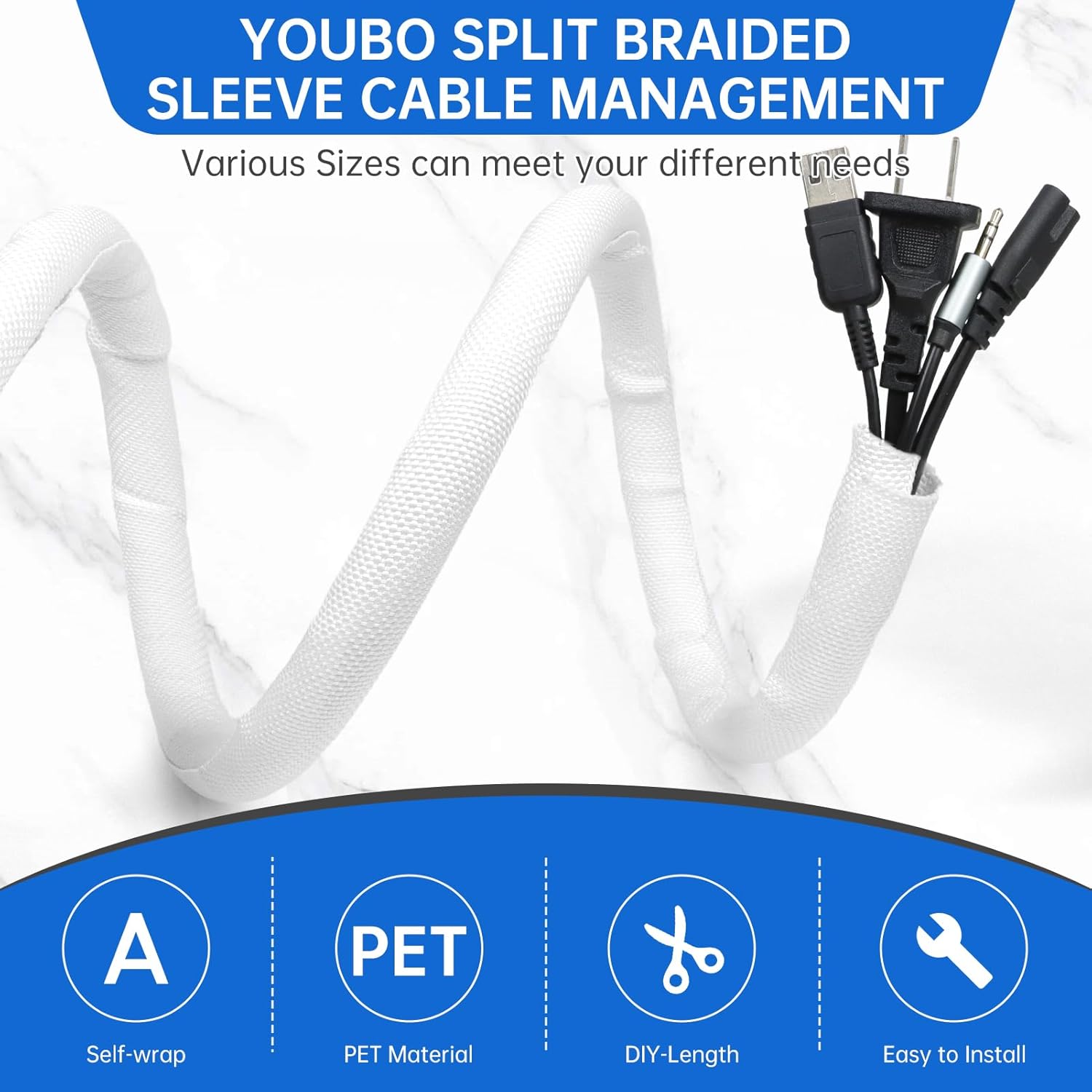 Split Braided Cable Sleeve，Flexible Wire Loom Tubing, Automotive Cord Protector Pet Proof, Cable Management for Computer TV Electric Wires Harness 16ft (White, 32mm（1-1/4")
