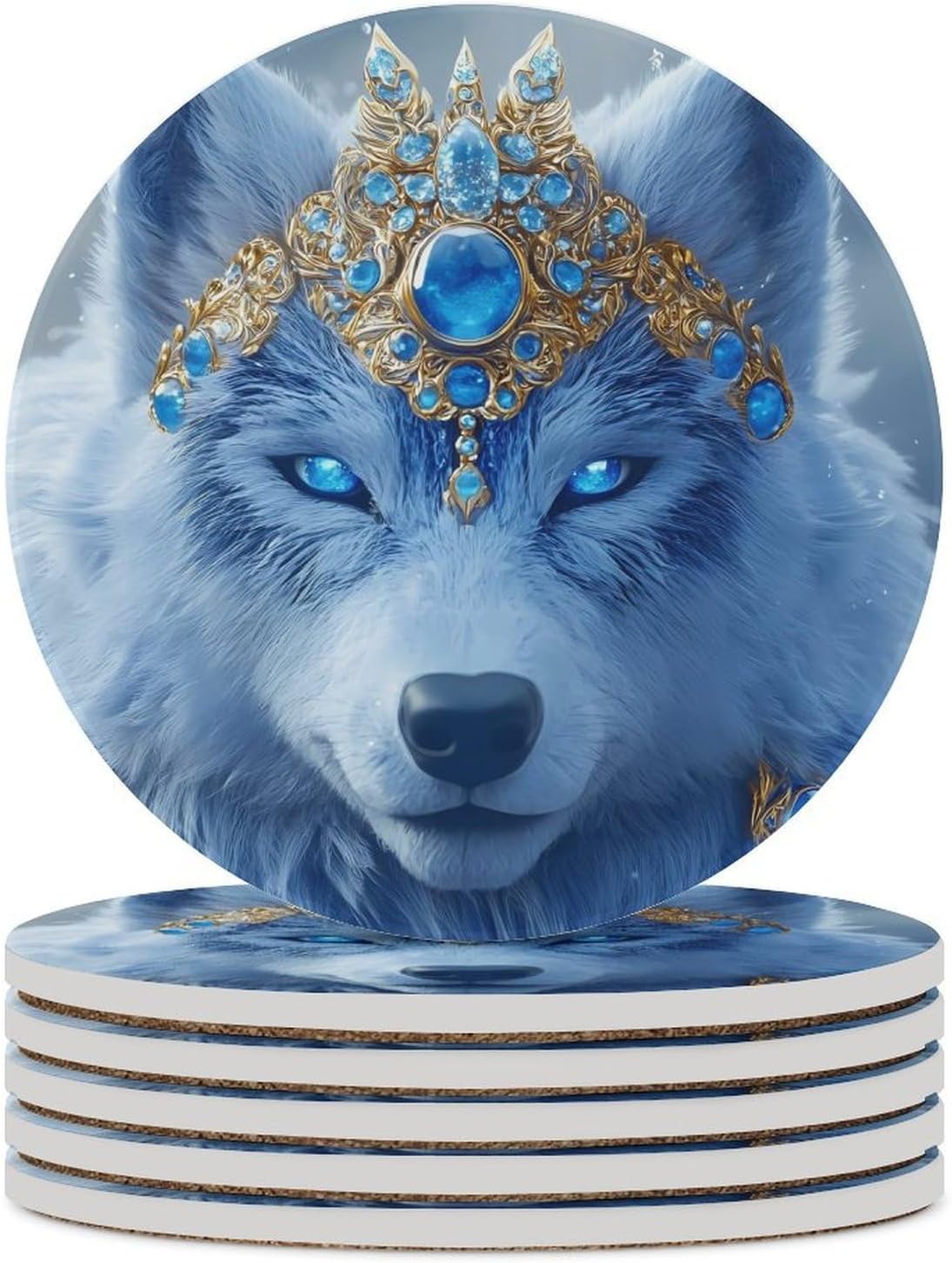 Wolf with Blue Eyes Round Ceramic Coasters for Drinks Absorbent Cup Holder Tabletop Protector with Cork Base