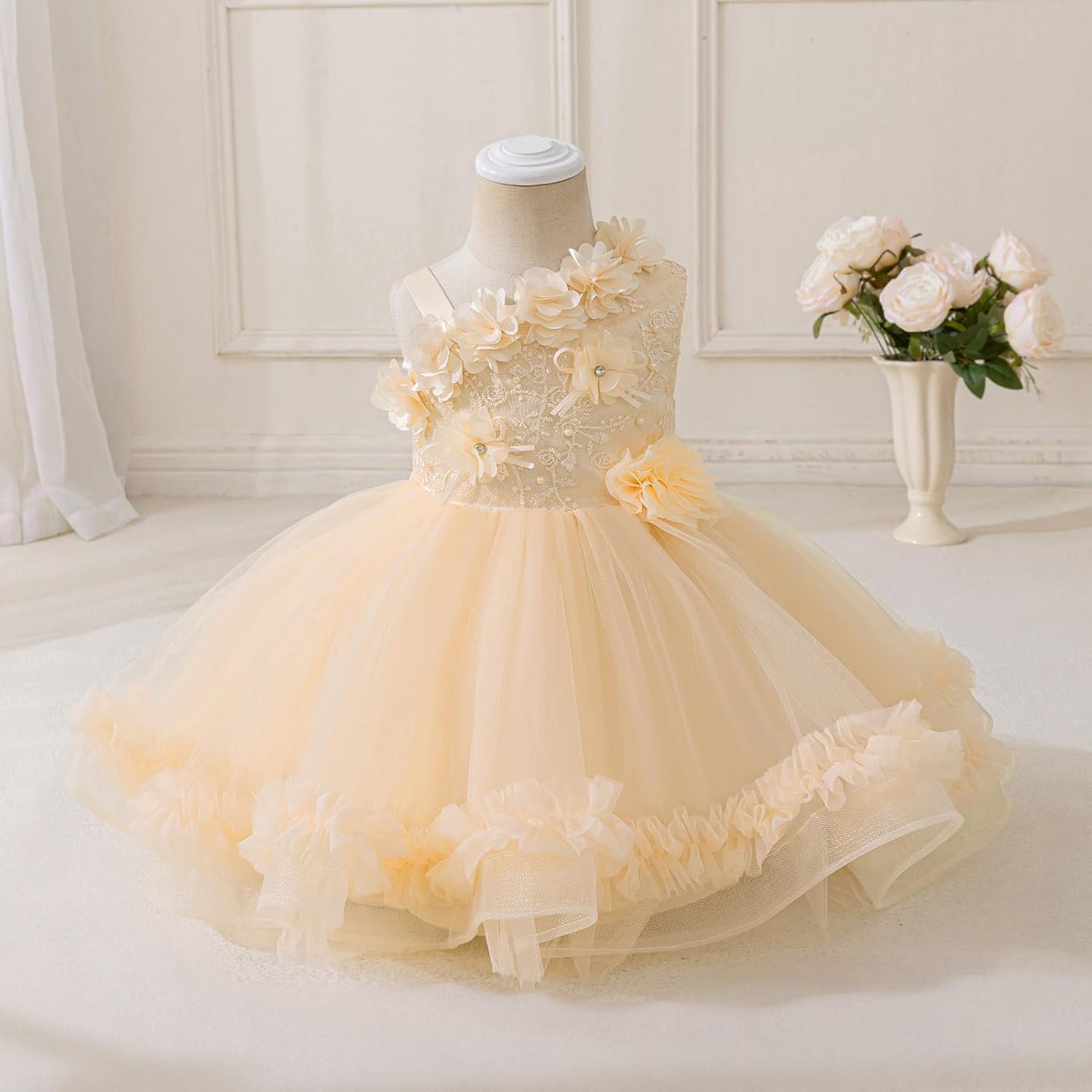 OBEEII Baby Girls 3D Flower Baptism Tutu Dress Toddler Photoshoot Prom Ball Gown Pageant Wedding Flower Girl Dress - Image 2