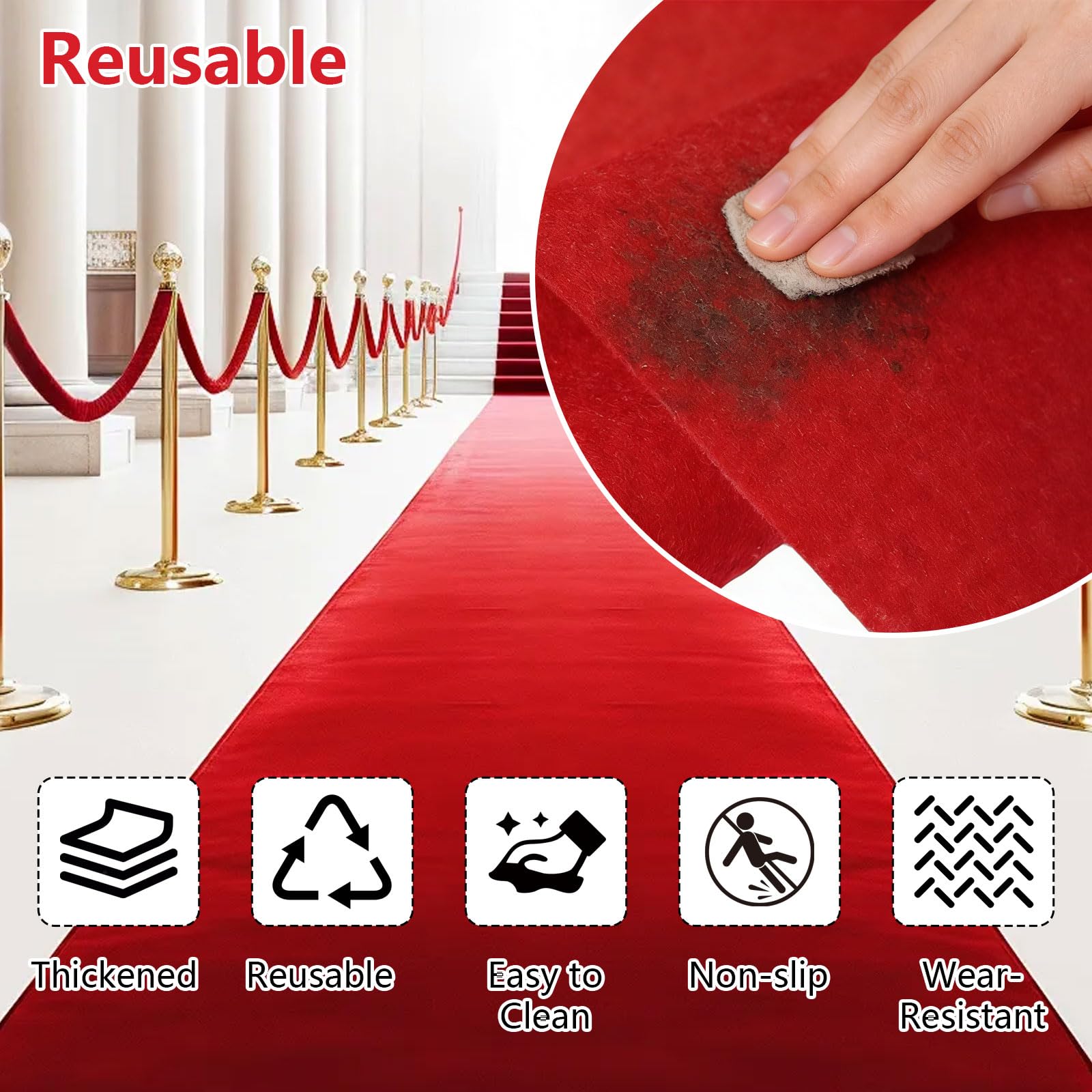 1 x 10m Roter Teppich Läufer, Hochzeitsteppich Dicke 5,5 mm, Wiederverwendbarer, Rutschfester Eventteppic für Hochzeit, Party, Zeremonie Dekoration