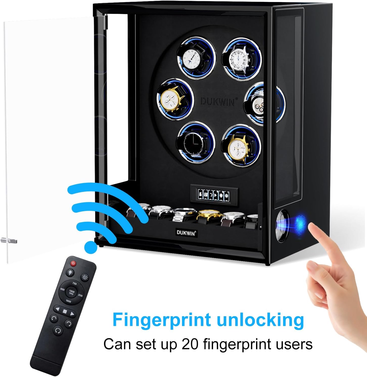 DUKWIN Fingerprint Lock Watch Winder, 8 TPD Watches Winder for 6/9 Automatic Watches with 6 Watch Holders, LCD Display, Adjustable Pillow and Changing LED Light for Gentles and Ladies