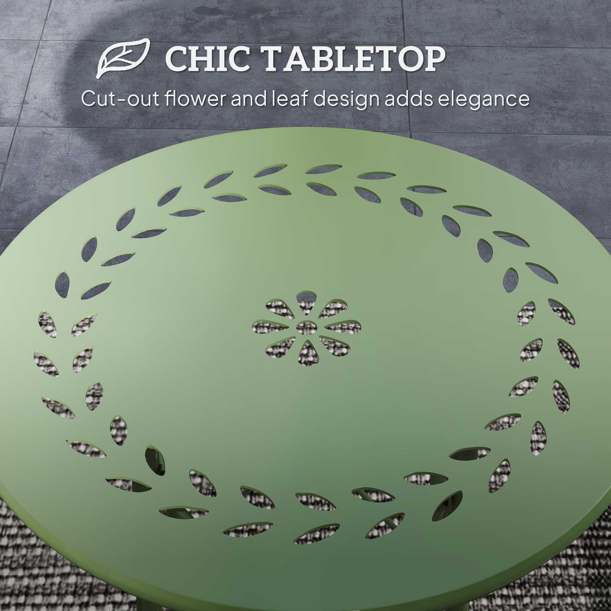 Outsunny 15.7" Round Garden Table with Floral Cut-Out, Steel Balcony Side Bistro Coffee Table, Outdoor Furniture with Adjustable Feet for Patio Garden, Green - 4
