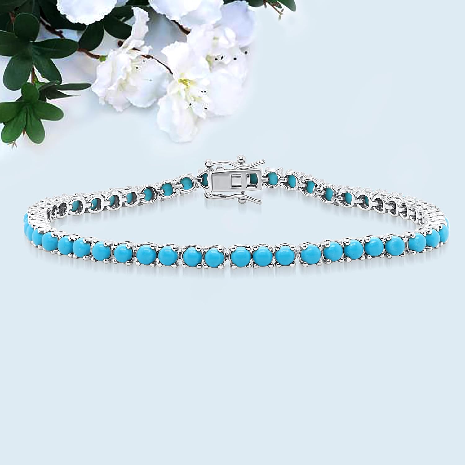 5 Carat Round Turquoise Tennis Bracelet for Women – 14K White Gold Over 925 Sterling Silver – 2.8MM December Birthstone Bracelet, Elegant Gift Jewelry