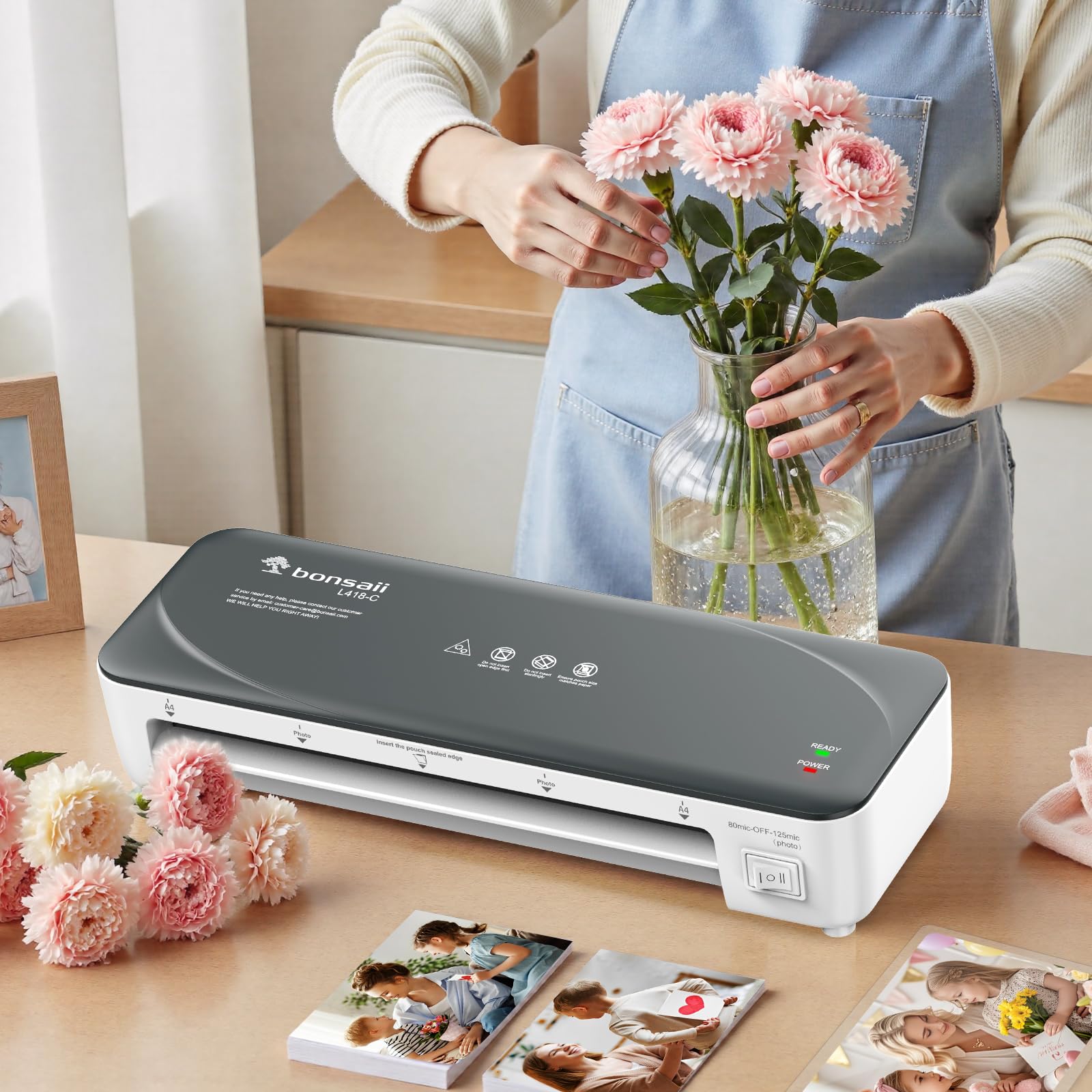 Bonsaii Biała laminator A4 z technologią Anti-Jam - szybkie i równomierne laminowanie zdjęć i dokumentów, 80-125 mikronów, idealna do szkół, biur i domu (L418-C)
