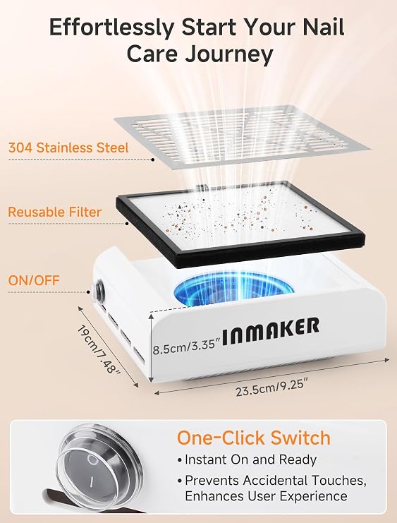 INMAKER 60W Nail Dust Collector with 2 Reusable Filters | 60W Power Manicure for Dust Collector Nail Salon, Professional Vacuum Nail Dust Extractor for Acrylic Nail Removal