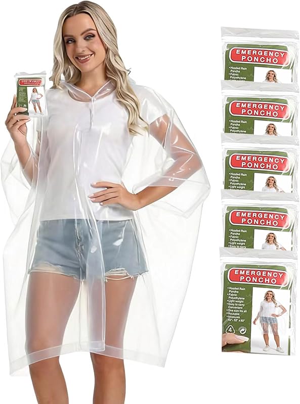 5 Pack Disposable Rain Ponchos, with Drawstring Hood Emergency Rain Ponchos Family Pack for Adults