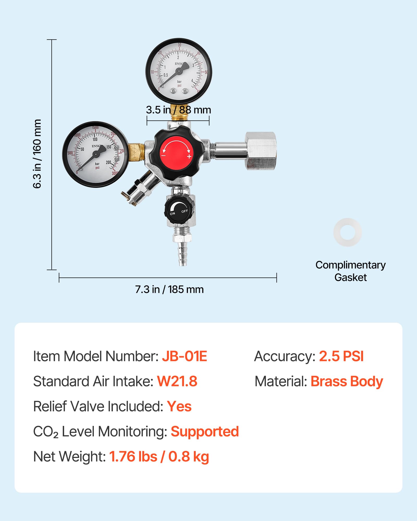VEVOR Regolatore di CO2, Regolatore di Spillatura per Birra alla Spina con Doppio Manometro e Valvola Singola, Pressione Regolabile 0-60 psi, Compatibile con Raccordo W21.8, per Birra alla Spina