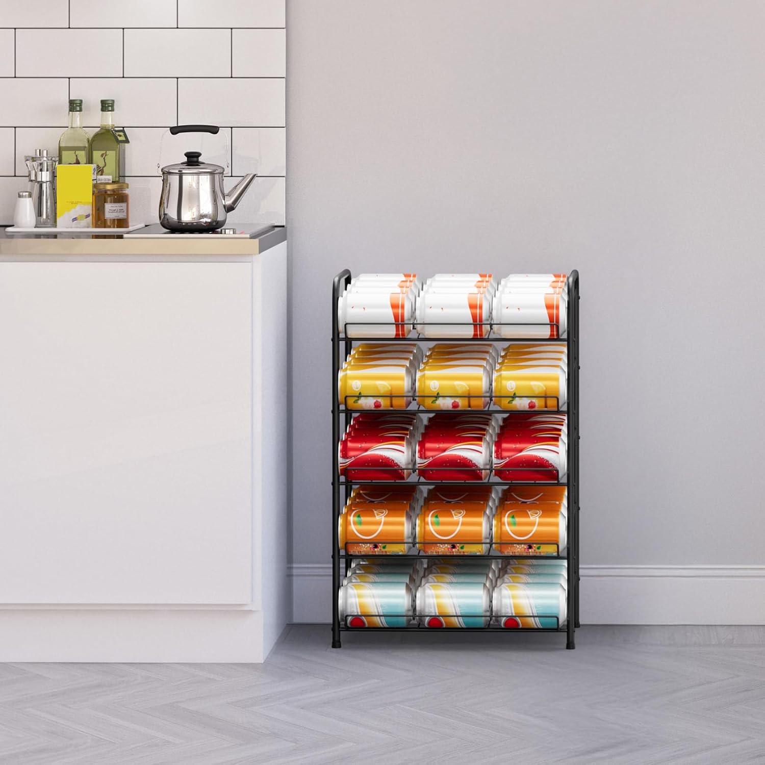 smusei 5 Tier Can Organizer for Pantry Shelf Large Capacity Drink Organizer Holds 60 Cans of Soda Can Dispenser with Adjustable Metal Diverter Strip for Kitchen Cabinet Cupboard, Black