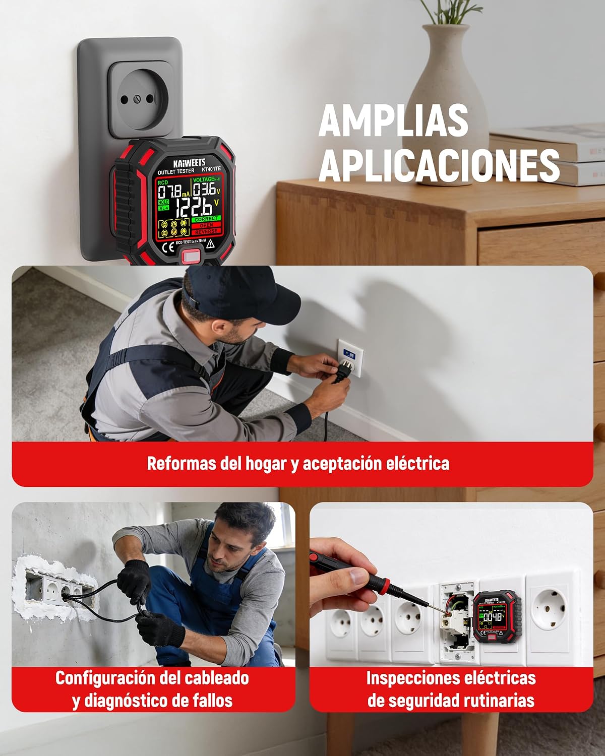 KAIWEETS Comprobador de enchufes con prueba de RCD y pantalla LCD de voltaje, indicador de tensión, 7 pruebas de cableado, medición de tensión de fuga, comprobador de enchufes 200-250 V, CAT II 300 V 7