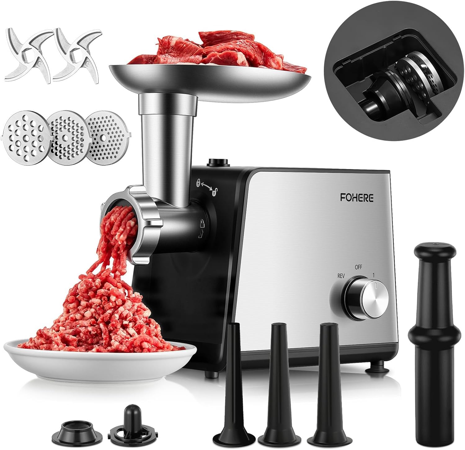 FOHERE Tritacarne Elettrico 3200W Max con 3 Piastre e 3 Tubi | Tritacarne professionale in acciaio inox con 2 lame e kit Kubbe per casa e selvaggina