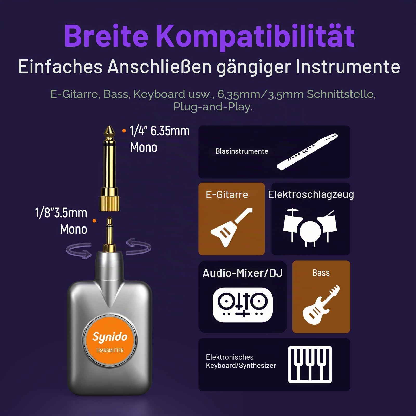 Synido Kabelloses Gitarrensystem, 5,8 GHz, wiederaufladbar, elektrisches Musikinstrument, Sender, Empfänger mit Soundkarte, 24 Bit/96 kHz, niedrige Latenz, unterstützt Bluetooth BGM für Aufnahme | Eingebauter wiederaufladbarer Akku und leichtes tragbares
