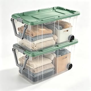 2-Pack, Extra-Large 160 Quart Wheeled Rugged Storage Bin, Durable Clear Storage Container with Latching Lid and Pull Handle (Green)