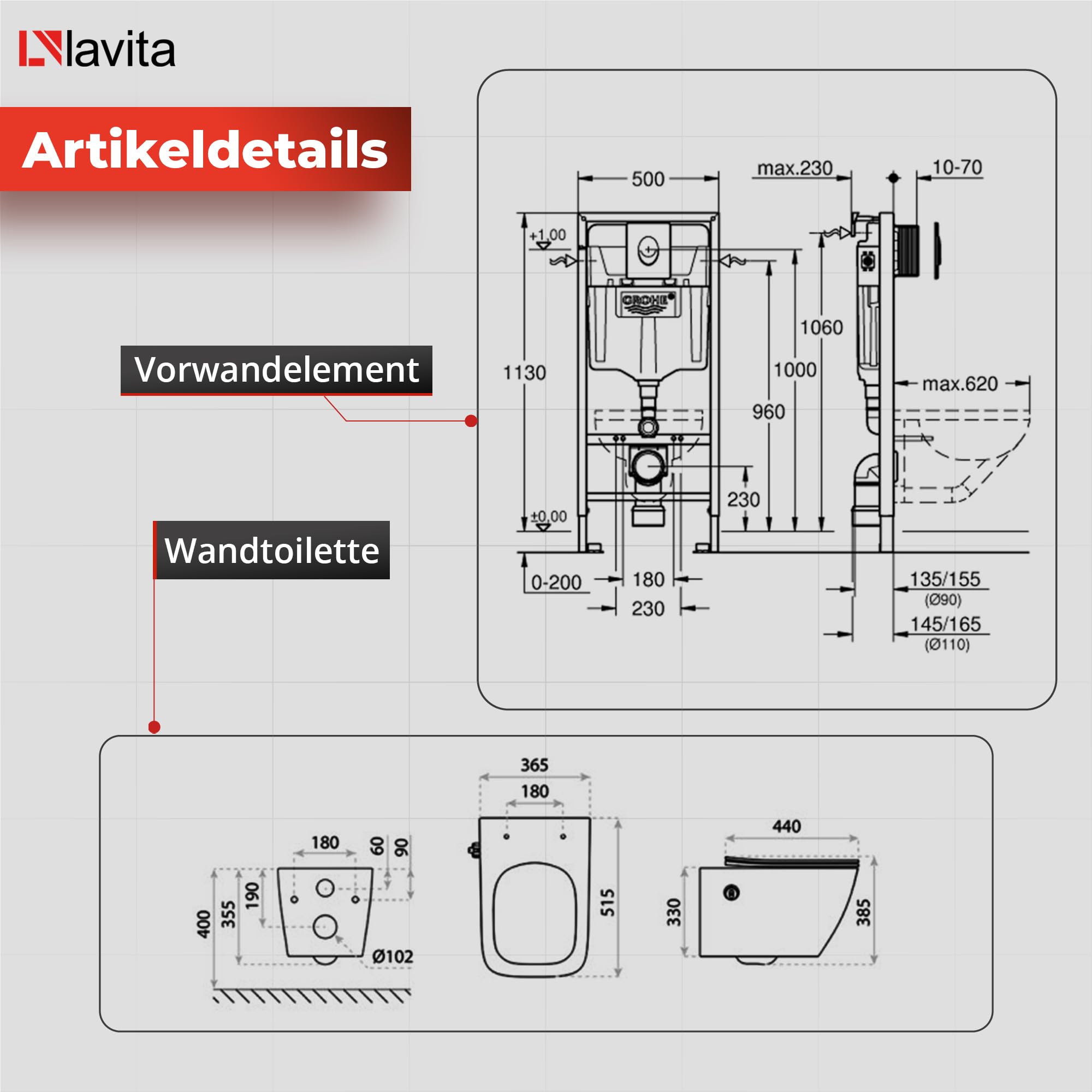 Lavita Vorwandelement Solido Start + Wand Hänge WC Parana Weiß Spülrandlos + WC Sitz mit Absenkautomatik Verchromter Knopf Komplettset Unterputz Spülkasten Toilette Komplett Sett WC