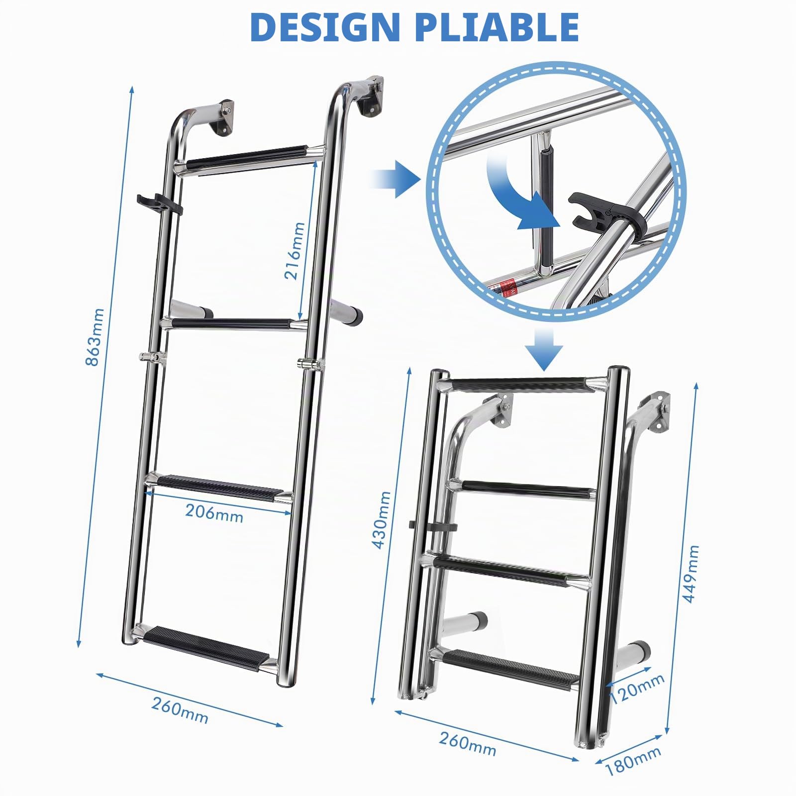 Échelle de Bateau à 4 Marches, Échelle de Pont de Natation Echelle Piscine Hors Sol INOX Pliable pour Bateau, Yacht, Piscine