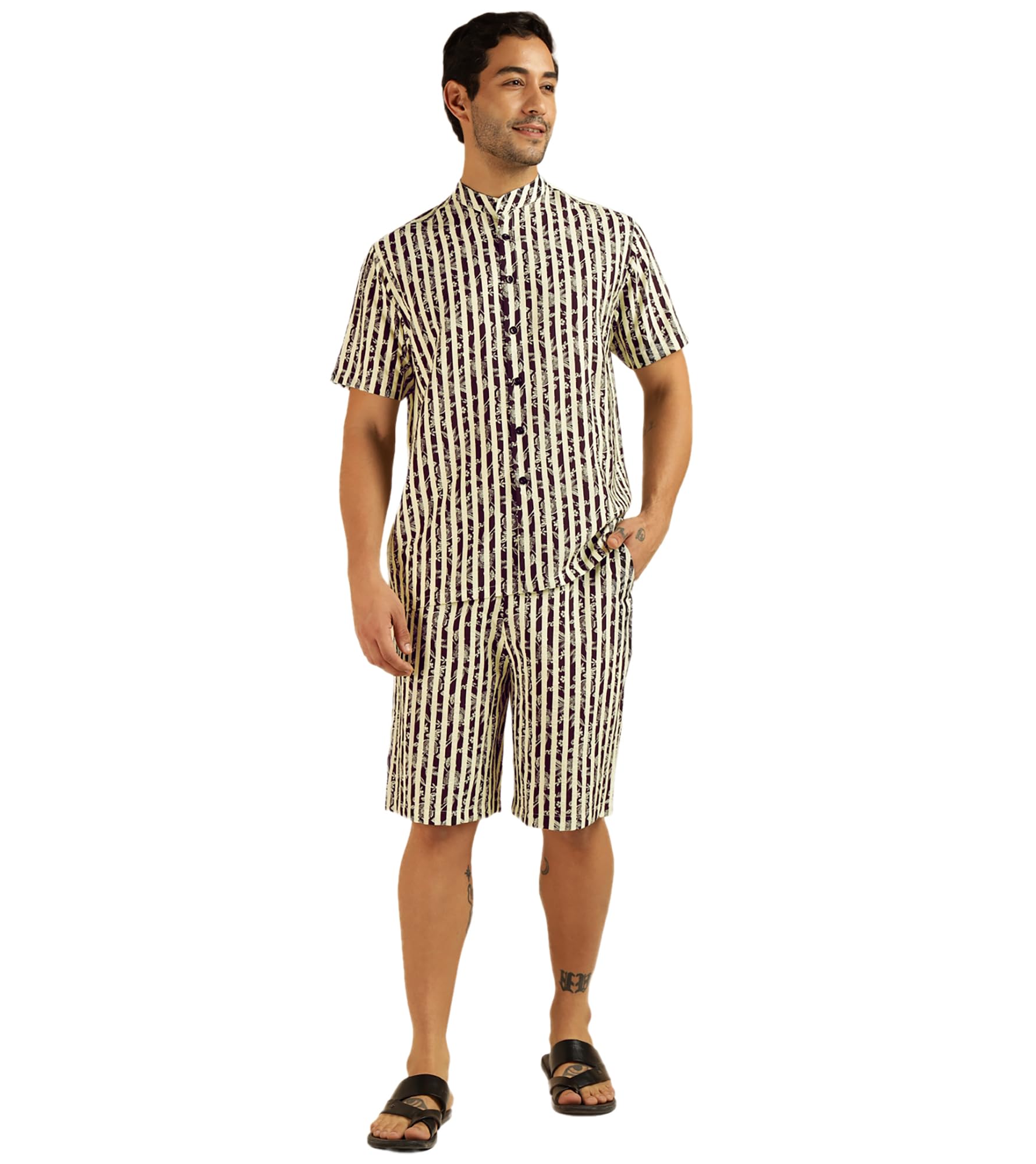 Men's Striped with Solid Pure Cotton Co-Ord Set For Men|2 Piece Sets|Shorts & Shirts Combo|Vacation Dress|Casual|Latest|New (Multicolour)-image-36