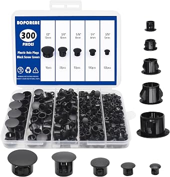 300 PCS 5 Sizes Plastic Hole Plugs Black 3/16, 1/4, 5/16, 3/8, 1/2 Inch Round Hole, Snap in Knockout Locking Flush Type Furniture Hardware Kitchen Cabinet Cupboard Shelves Screw Covers Caps