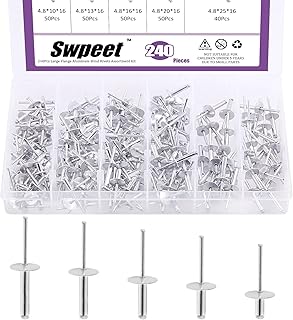 Swpeet 240Pcs 3/16" x 3/8" / 1/2" / 5/8"/ 3/4"/ 1" Large Flange Aluminum Blind Rivets Kit, Silver Pop Rivets Open End Type Pop Rivet for Indoor and Outdoor Use