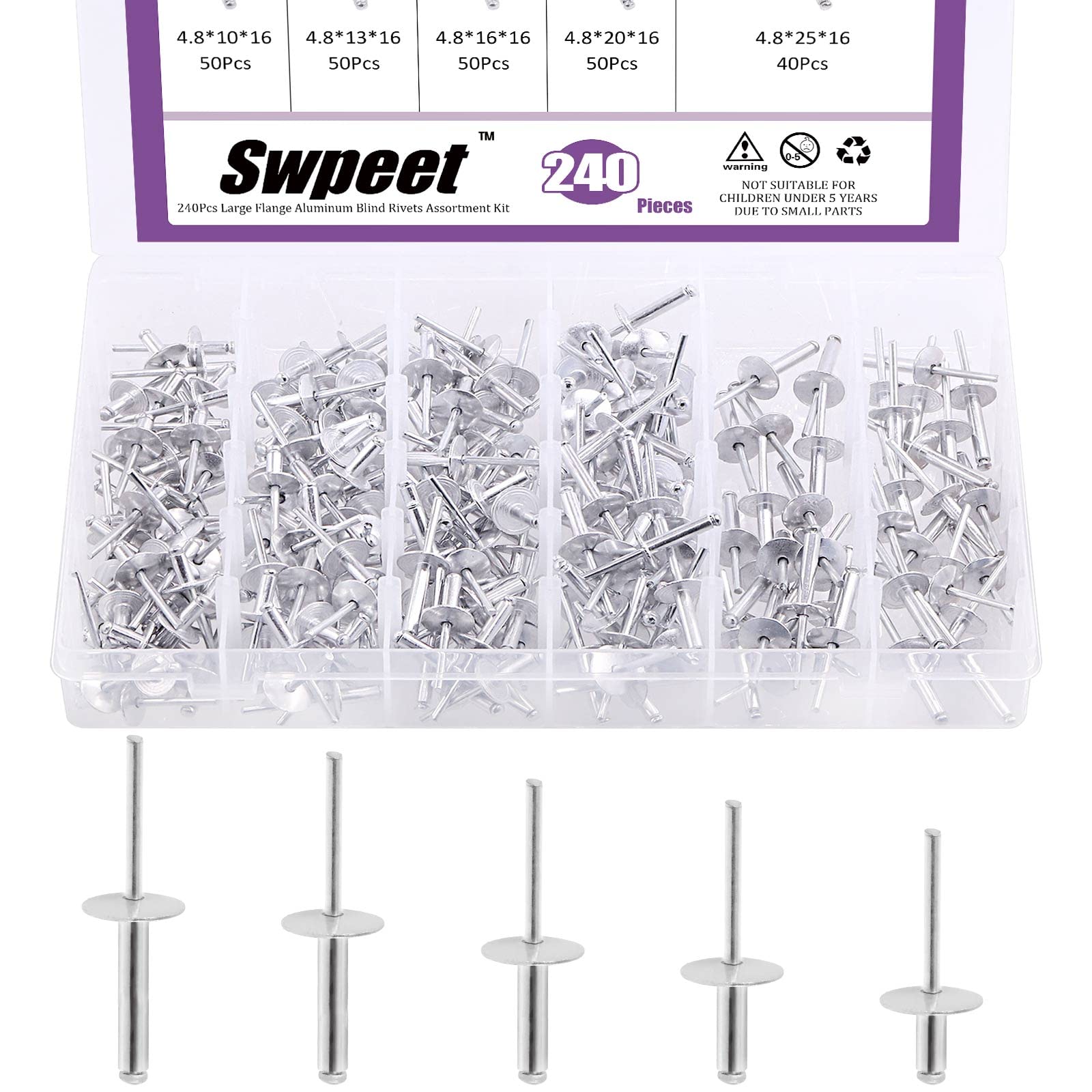 Swpeet 240Pcs 3/16" x 3/8" / 1/2" / 5/8"/ 3/4"/ 1" Large Flange Aluminum Blind Rivets Kit, Silver Pop Rivets Open End Type Pop Rivet for Indoor and
