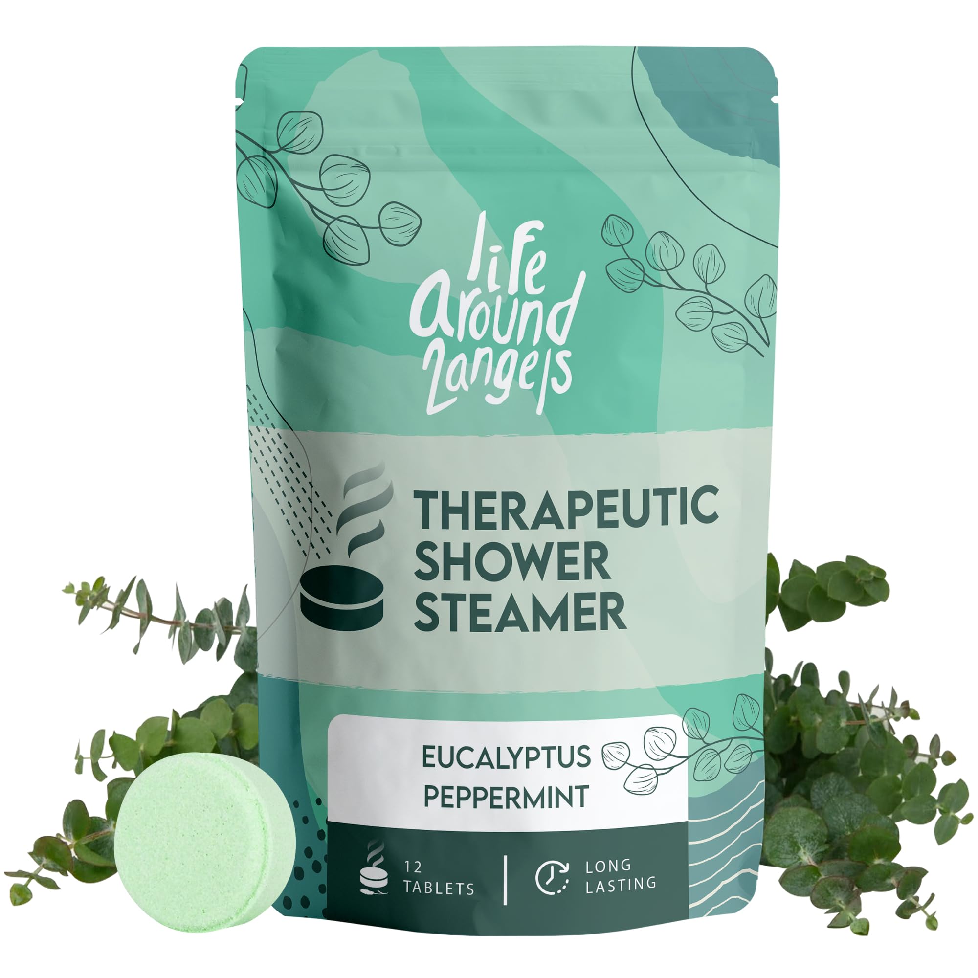 Lifearound2angels Therapeutic Shower Steamer Eucalyptus Peppermint 12 Pack Made in USA Stress Shower Vapor Shower Bomb Tablets Self Care Relaxation Gifts for Women Spa Christmas Gifts Stocking Stuffer