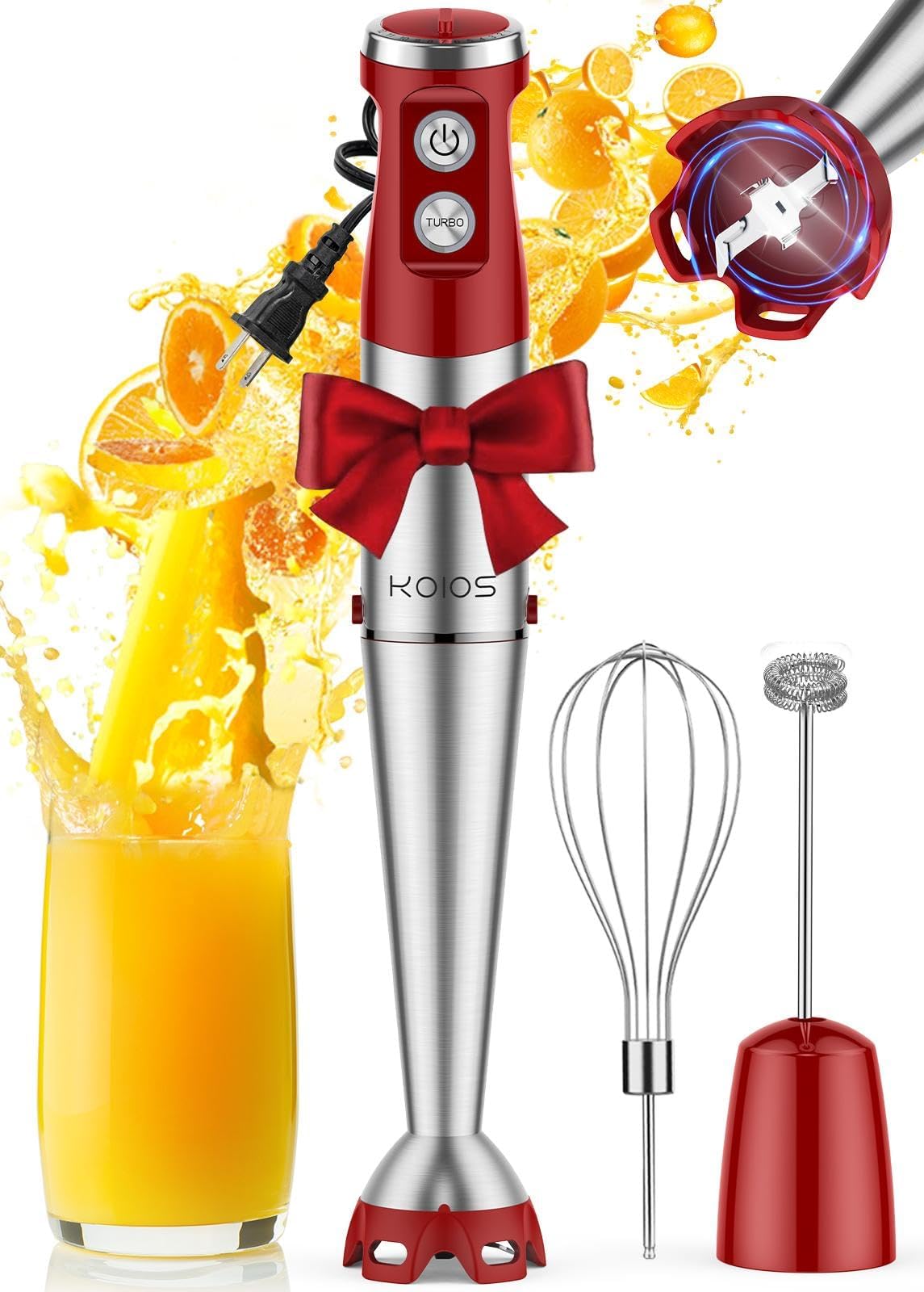Immersion Blender, 1000W Anti-scratch 3-in-1 Hand Blender, Upgraded 12 Speed Stainless Steel Blade Stick Blender with Turbo Mode, Whisk and Milk Frother, Non-BPA, Red