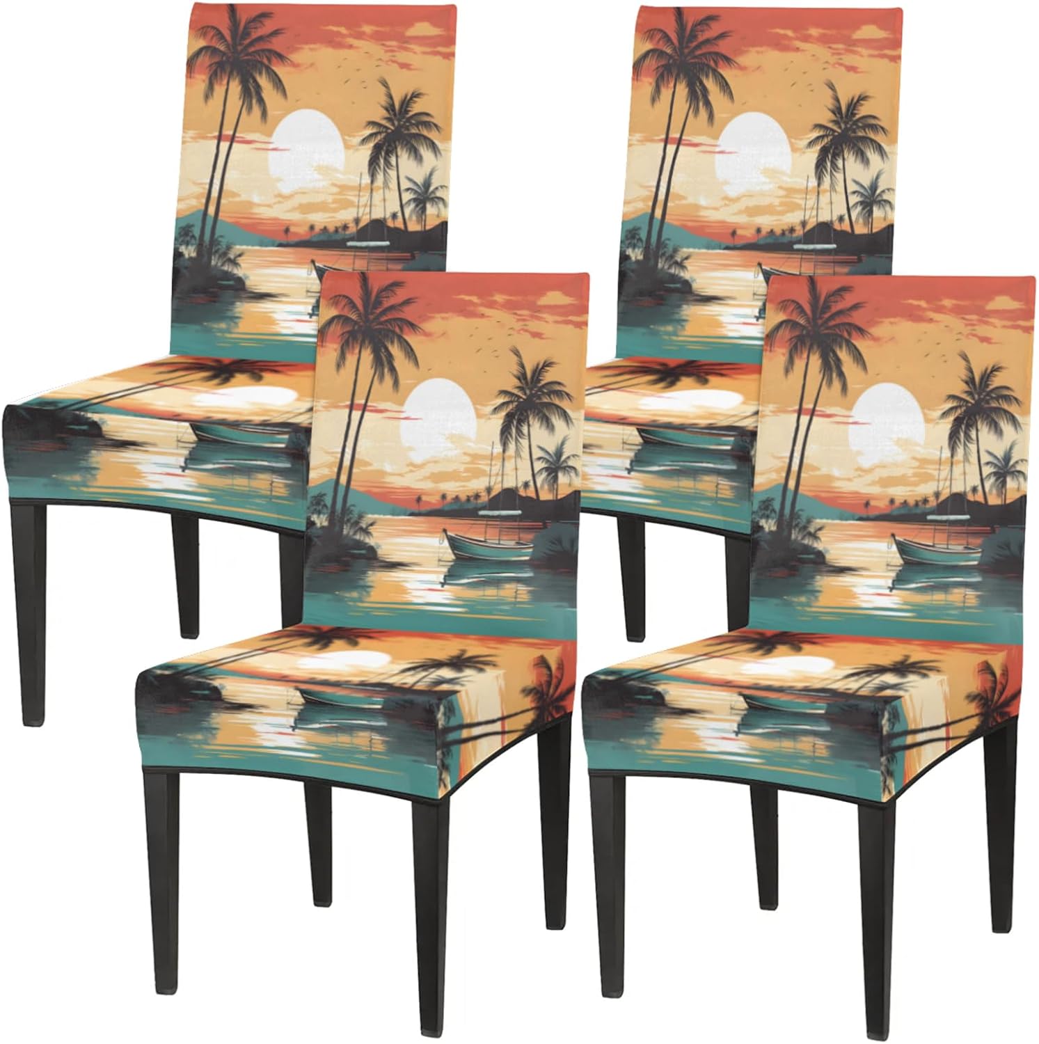 QsirBC Sunset Coast Coconut Boat Stretch Dining Room Chair Covers Set of 4 Chair Slipcovers Removable Washable Kitchen Seat Covers Chair Protectors for Hotel Party Wedding