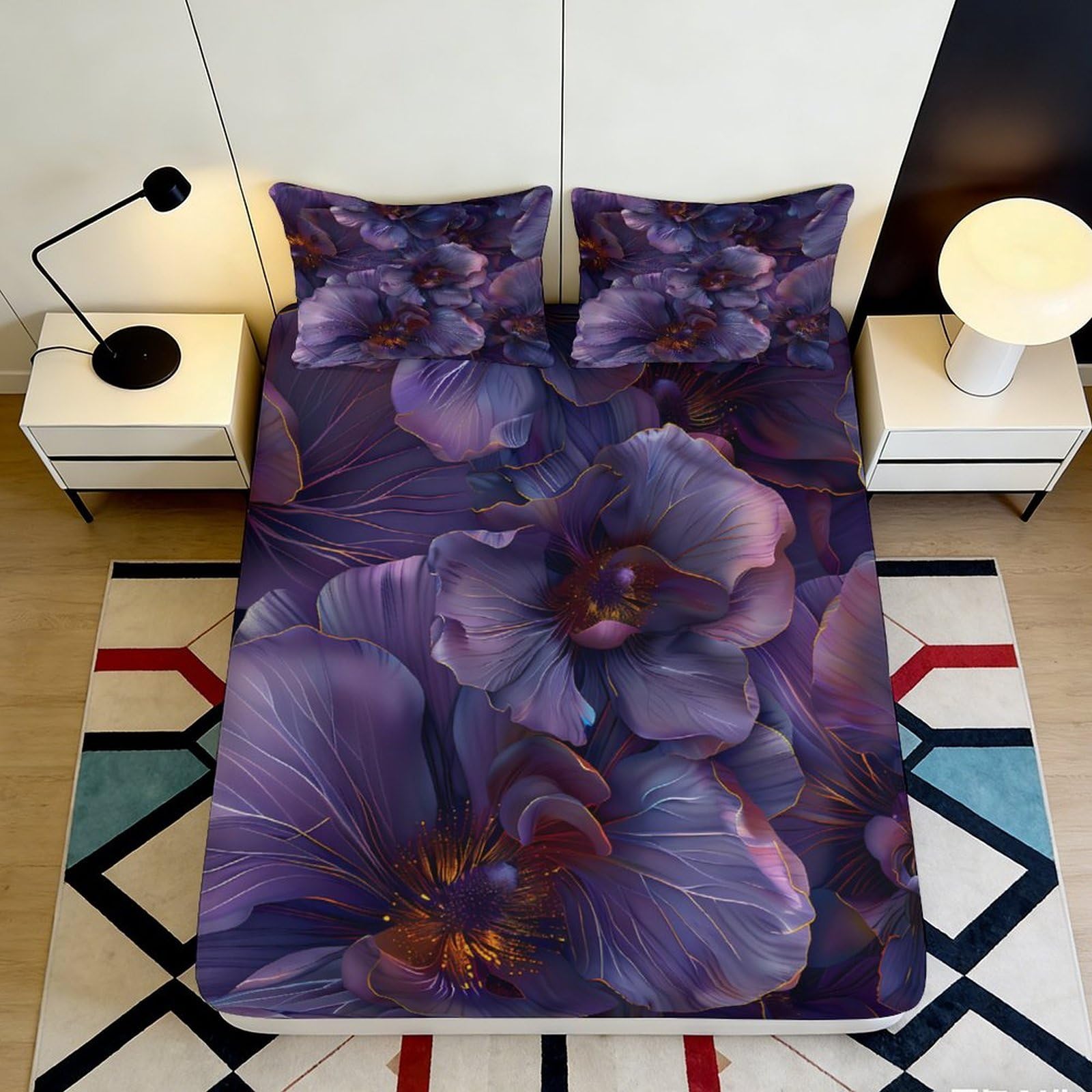 3D Printed Violet Blossom Fitted Sheet Microfiber Soft Breathable Purple Floral Mattress Cover for Bedroom Dorm Decor 90x200x25cm