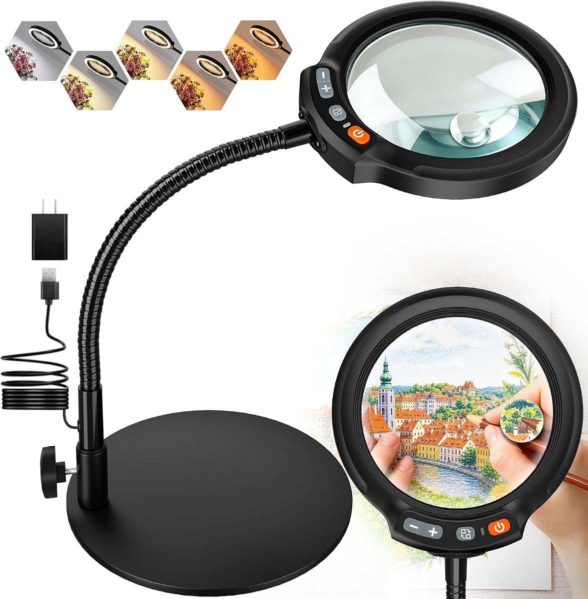 30X 10X Large Magnifying Glass with Light and Stand, 5-Inch Optical Grade HD Lens, 5 Color Modes Stepless Dimmable LED Desk Lamp, Hands Free Gooseneck Lighted Magnifier for Craft Painting Close Work
