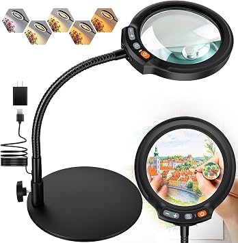30X 10X Large Magnifying Glass with Light and Stand, 5-Inch Optical Grade HD Lens, 5 Color Modes Stepless Dimmable LED Desk Lamp, Hands Free Gooseneck Lighted Magnifier for Craft Painting Close Work