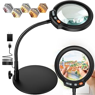 30X 10X Large Magnifying Glass with Light and Stand, 5-Inch Optical Grade HD Lens, 5 Color Modes Stepless Dimmable LED Desk Lamp, Hands Free Gooseneck Lighted Magnifier for Craft Painting Close Work - Amazon product rated Grade B