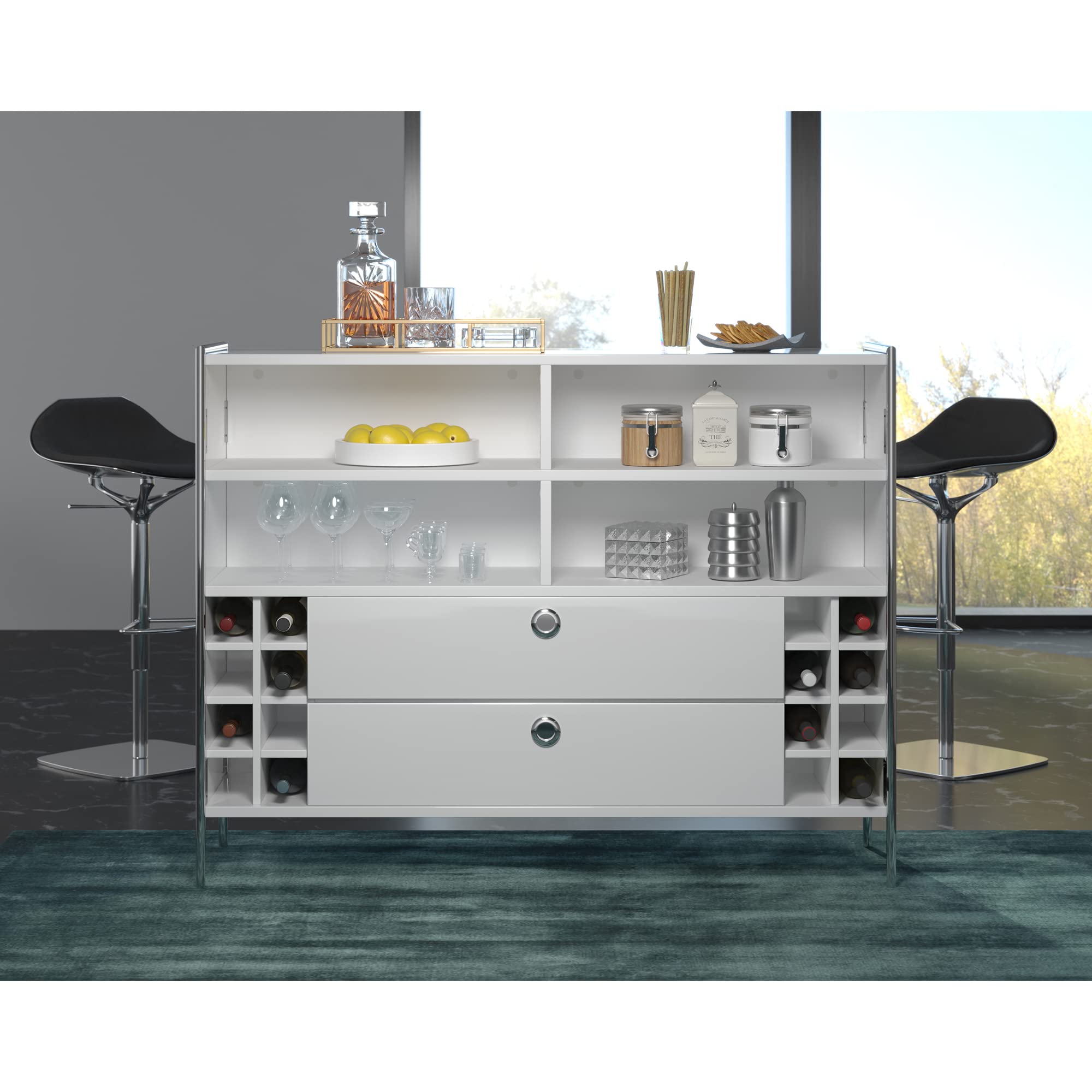 trendteam smart living - Infinity - Bartisch - Weiß Hochglanz lackiert - Hausbar mit 6 Fächern und 8 Weinfächern - (BxHxT) 140 x 109 x 48 cm - Bartresen mit Chromrahmen
