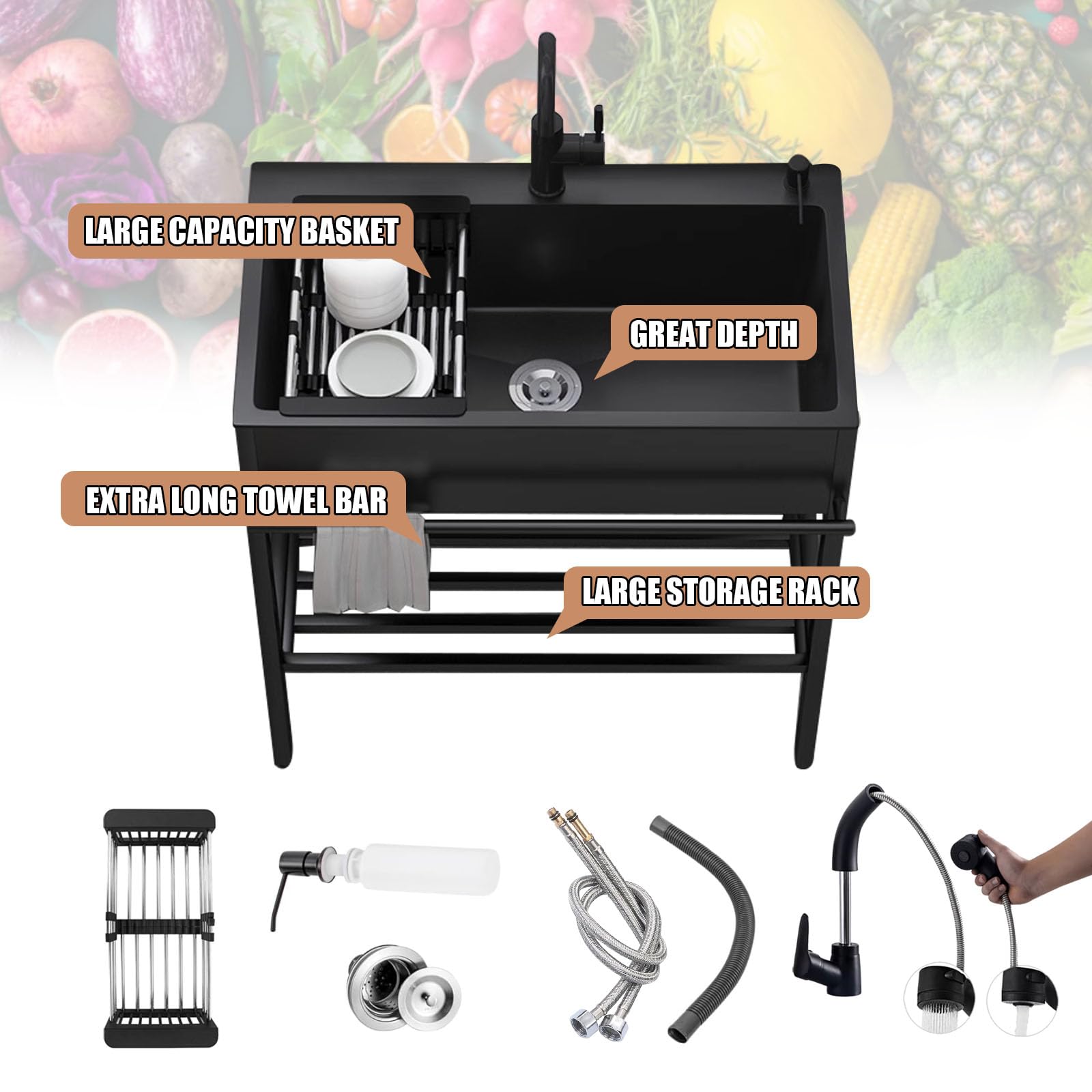 Lavandino portatile da campeggio con filtro di scarico e rubinetto, ideale per cucina all'aperto, garage, ristorante e lavanderia