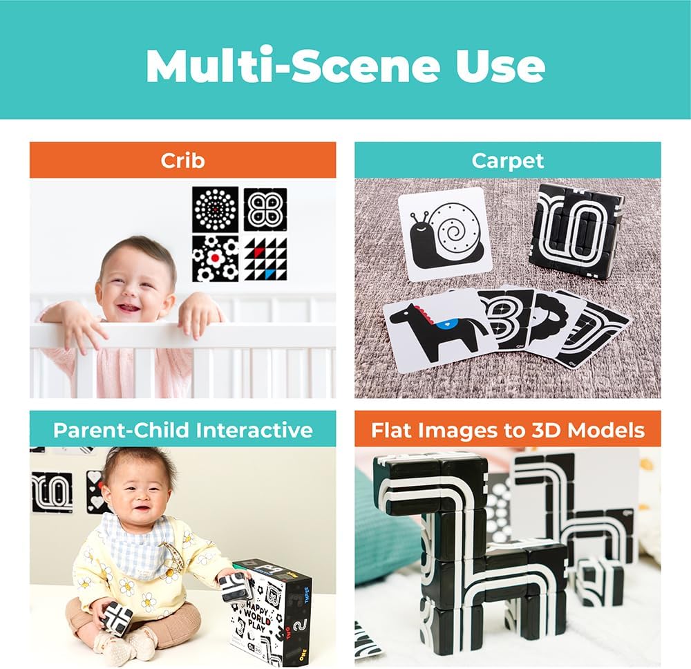 QBI Magnetic Baby Toys 0-6-12 Months | Black and White Baby Cards Newborn Toys High Contrast Flashcards & Magnetic Cubes | Visual Stimulation Montessori | Baby Essentials (9 Pieces)