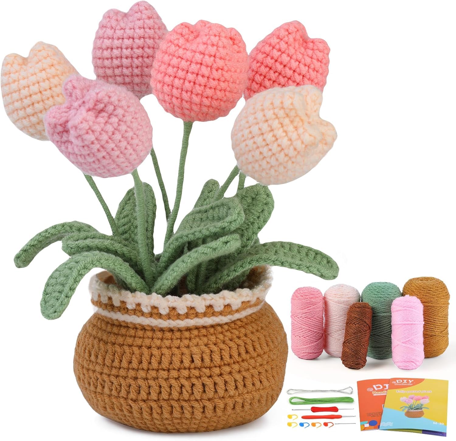 DIY Starter Kit for Adults Crocheting Knitting Kit for Beginners Crochet Kit Set Tulip Plant Crochet Kit with Yarn, Hook, Needle, Complete Beginner,Crocheting Knitting Kit with Step-by-Step Video Tutorials (Tulip)-image-24