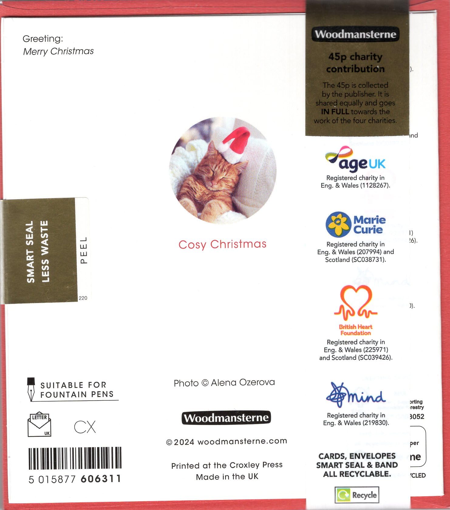 Woodmansterne Charity Christmas Cards Pack of 5 - Sleeping Festive Cat - Cute Christmas Cards Multipack - In Aid of UK Charities - Image 4