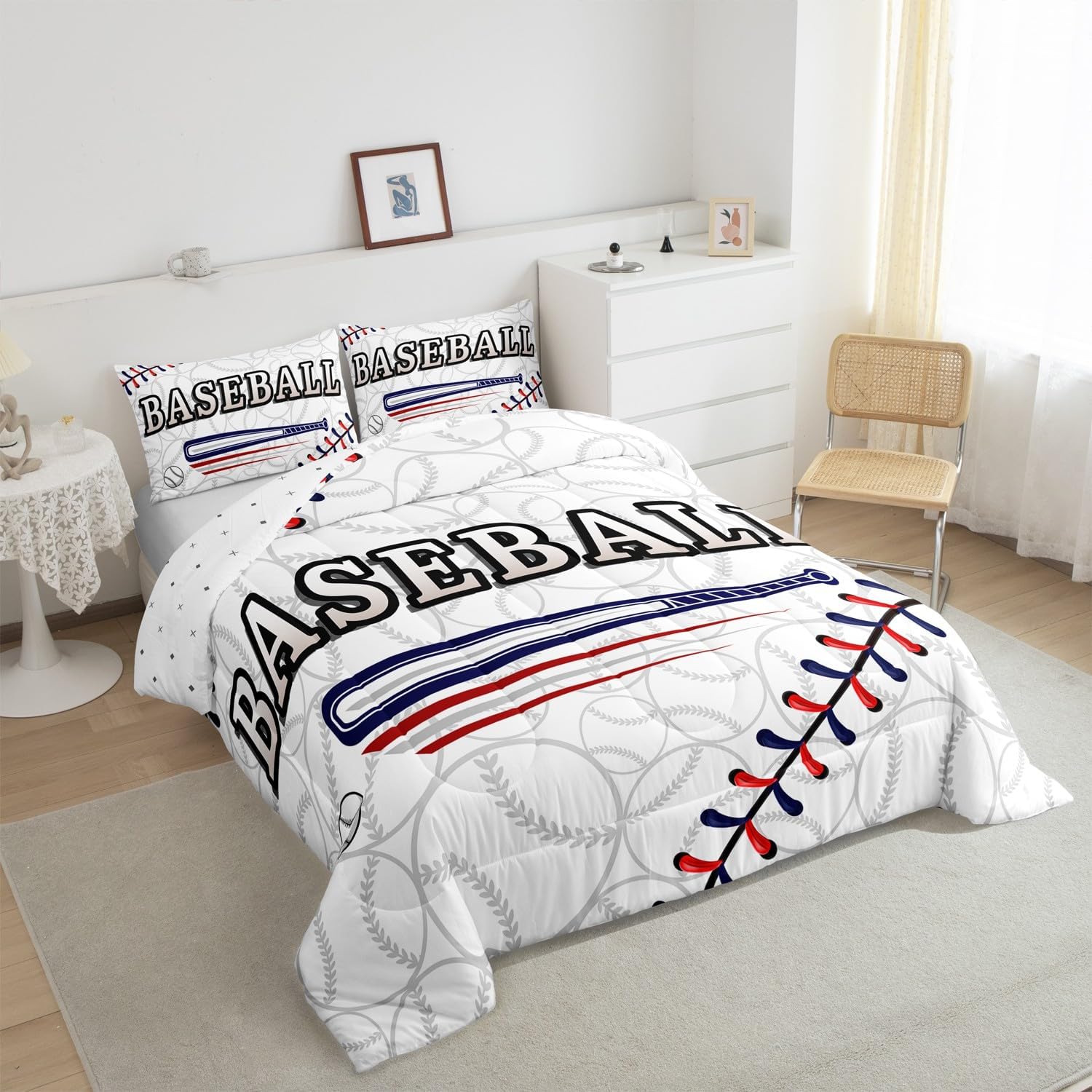 Erosebridal Toddler Size Baseball Bedding Set for Boys Sports Themed Quilt Soft Microfiber Comforter Set Ball Gaming Court Print Down Comforter with 1 Pillow Case,White Blue Red