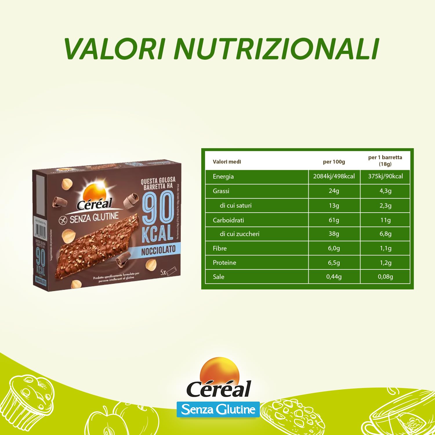 Céréal Nocciolato, Barrette senza Glutine con Cereali e Cioccolato, Snack Gustoso e Ricco di Fibre con solo 90 calorie per Biscotto, Pack di 8 confezioni da 5 barrette (8 x 5, 90 gr)