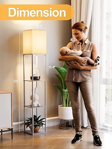 Miniatura 4 de Lámpara de pie con estantes para sala de estar roble gris, lámpara de pie con estante con bombilla LED de 3 CCT, lámpara de columna de pie