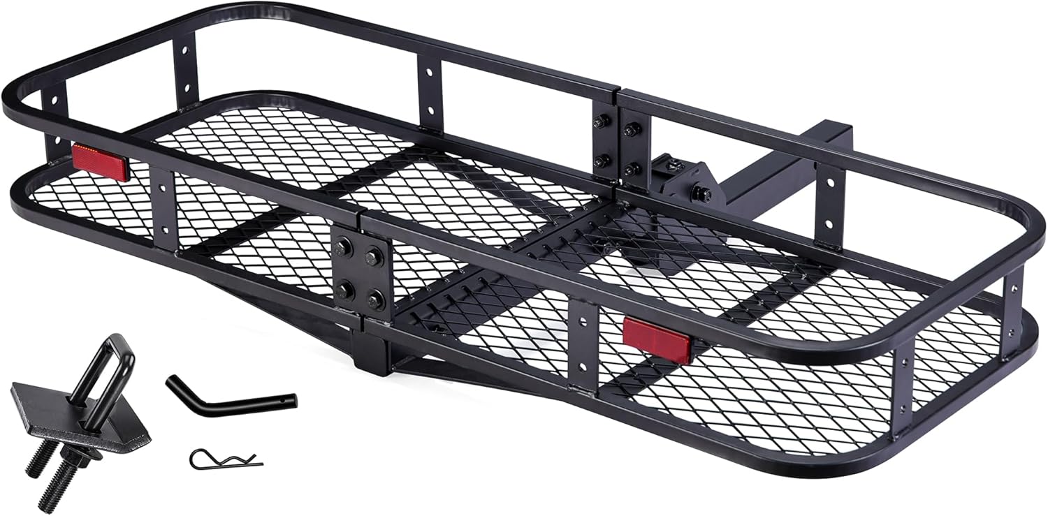 Folding Hitch Cargo Carrier, 500Lbs Capacity Tow Cargo Basket Luggage Rack for SUV 50x19x6 Inches AUSUM MOTOR Cargo Racks for Trailer fit 2 Inches Hitch Receiver with Stabilizer