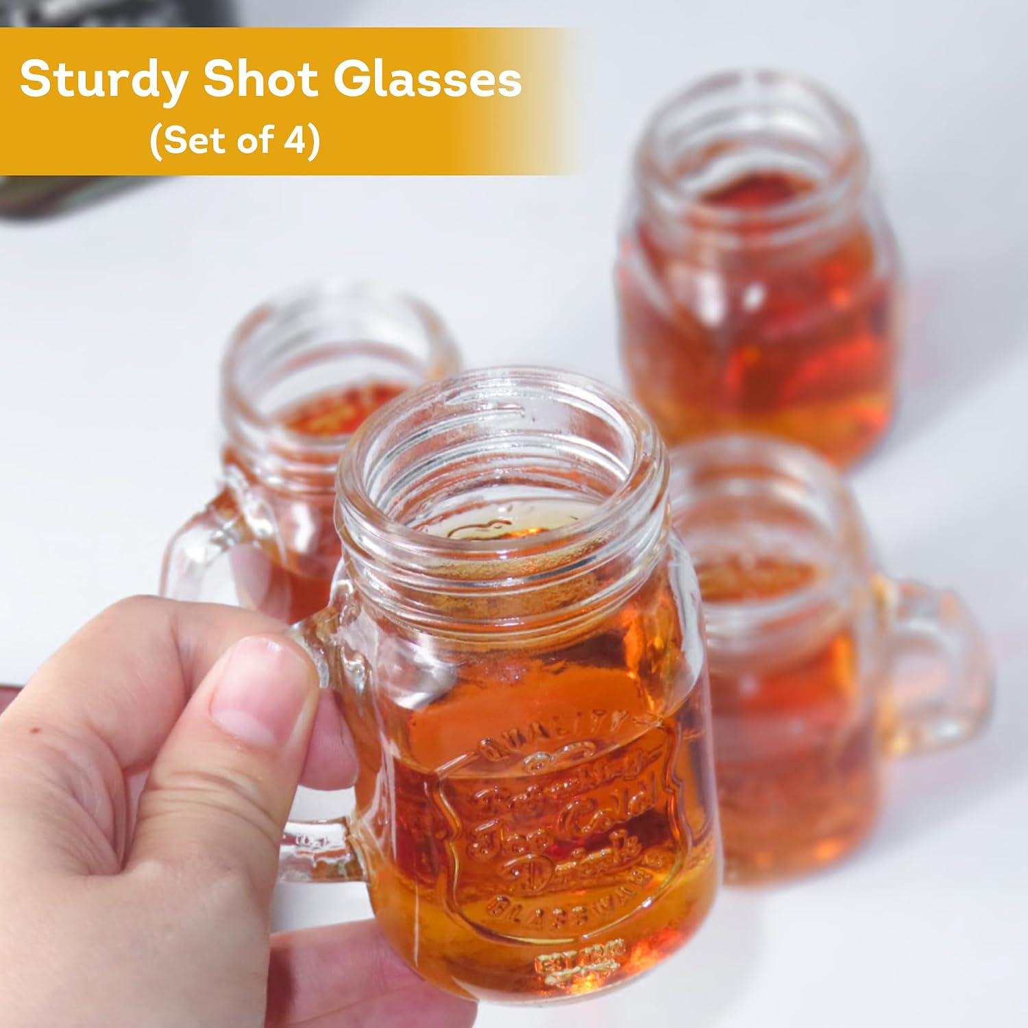 Lily's Home Mini 3.7 Oz Mason Jar Shot Glasses With Handles, Just Like the Real Deal Except Smaller, A Funny Gift and Conversation Piece at BBQs and Parties, Clear (3.25" x 1.75", Set of 4)