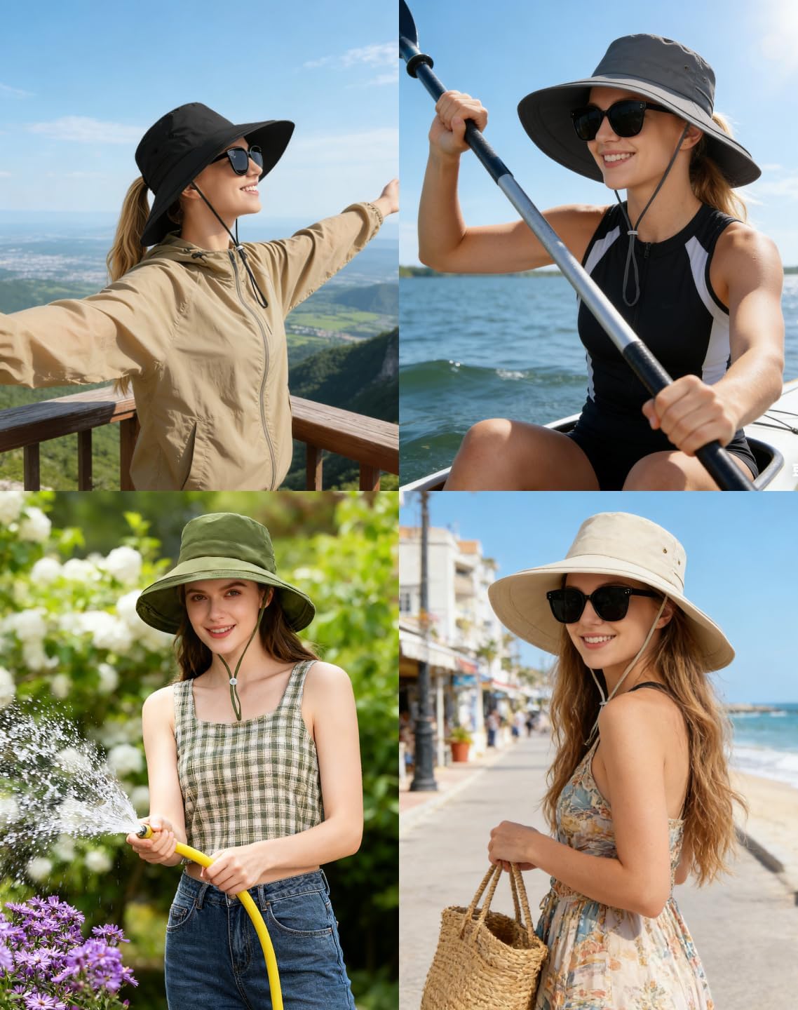Rosoz Women Sun Hat with Ponytail Hole Wide Brim Bucket Hats UPF 50+ Beach Hiking Gardening Hat Water-Resistant Outdoot Hat