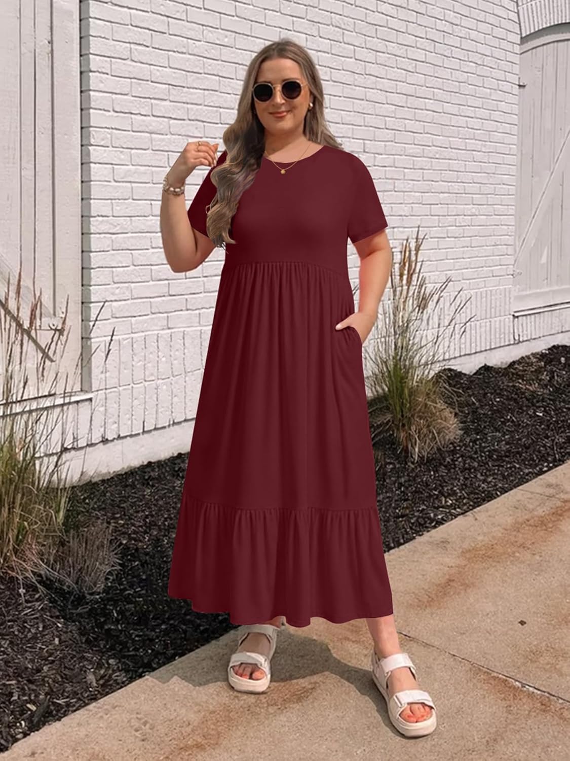 Plus Size Dresses for Women Summer Casual Short Sleeve Crewneck Aline Swing Flowy Tiered Maxi Long Dress with Pockets - Image 5