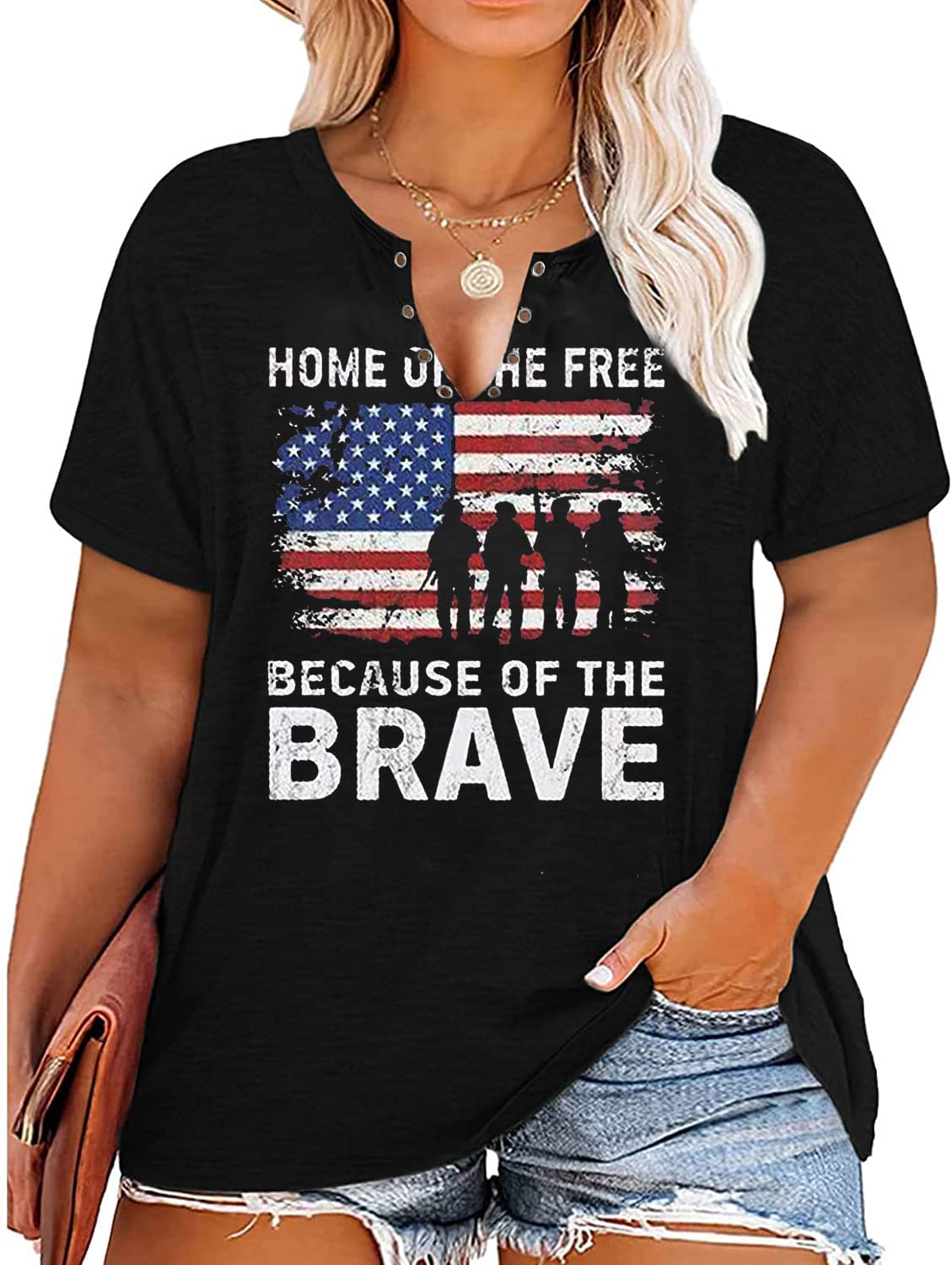 Plus Size USA Flag V-Neck T-Shirt Women Distressed American Flag Graphic Tees Short Sleeve 4th of July Patriotic Tops