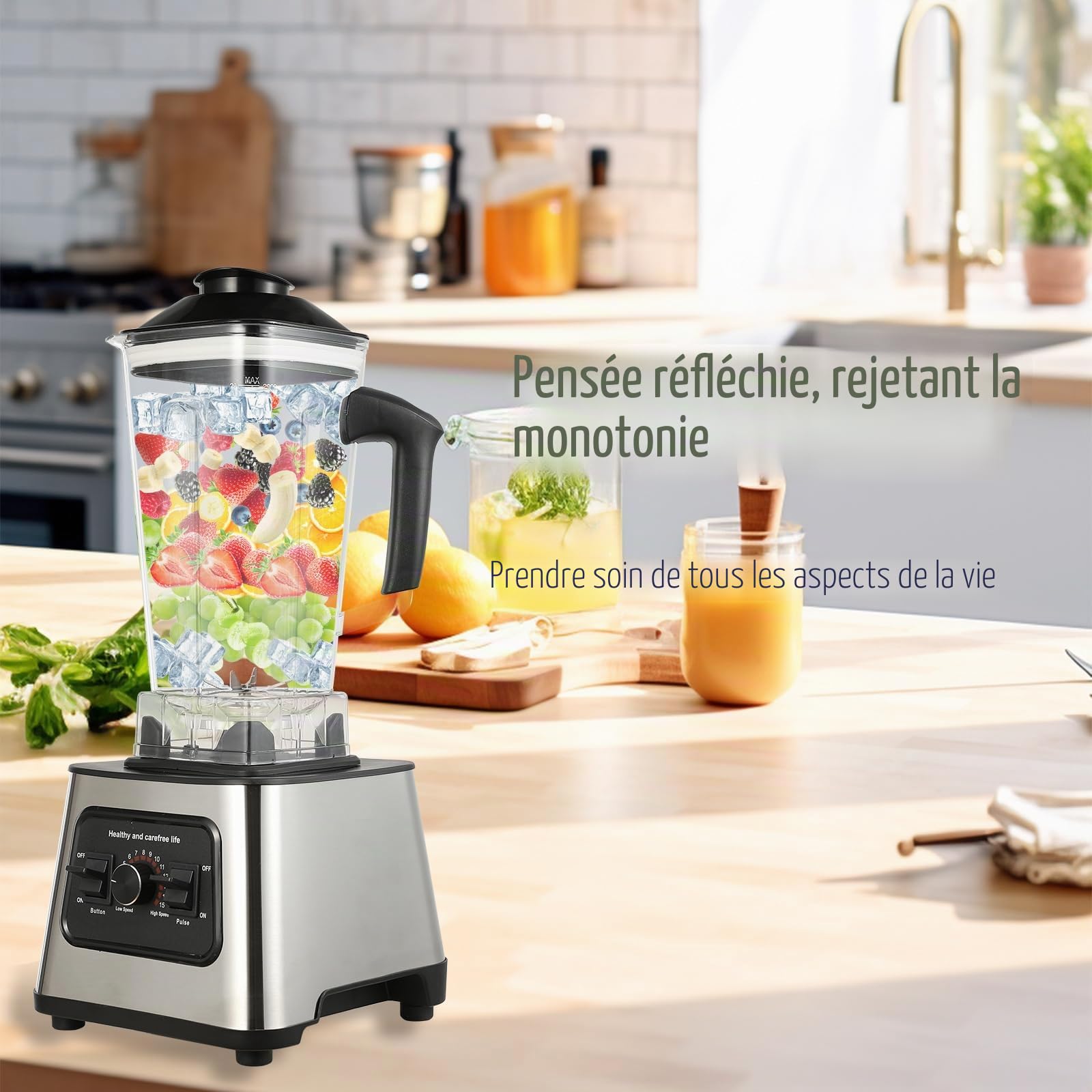 Mixeur Multifonction 6000W, 2 en 1 pour jus et smoothies avec 9 vitesses réglables, 2 pichets, 4 lames en acier inoxydable, mixeur de cuisine pour smoothies, jus de fruits et légumes