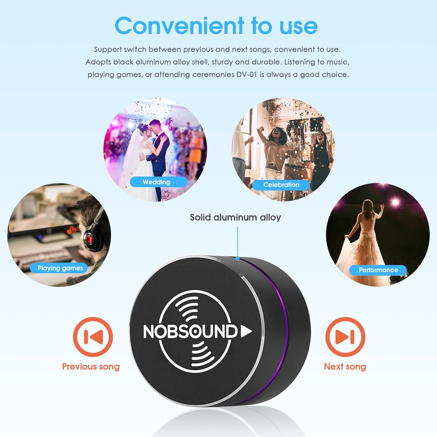 Nobsound DV-01 USB Volume Control Knob showing media control functions