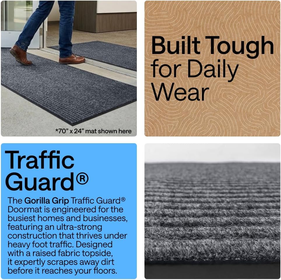 GORILLA GRIP Waterproof Traffic Guard Door Mat, 47x35, Heavy Duty Entryway Mats, Strong Backing Commercial Utility Rugs for Office Hallway, Garage Floor and Home, Low Profile Carpet, Light Grey