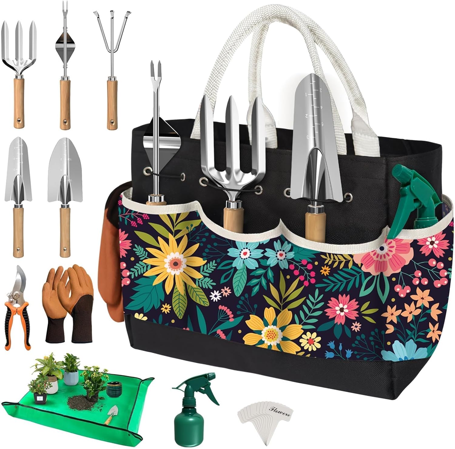 22Pcs Gardening Tools Set for Women Heavy Duty Garden Hand Tool Kit Garden Gifts for Mom Beginner Gardening Accessories with Tote Bag/Shovel/Repotting Mat/Plant Labels/Gloves-Black